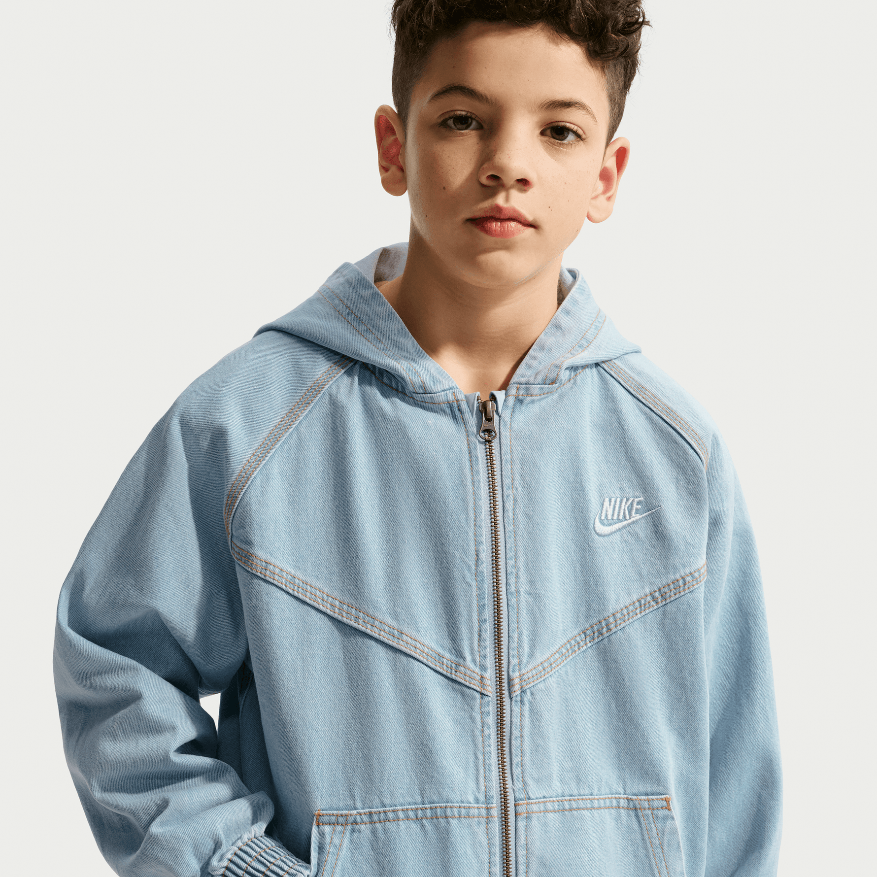 NIKE SPORTSWEAR COLLECTION BIG KIDS' FULL-ZIP HOODED DENIM JACKET